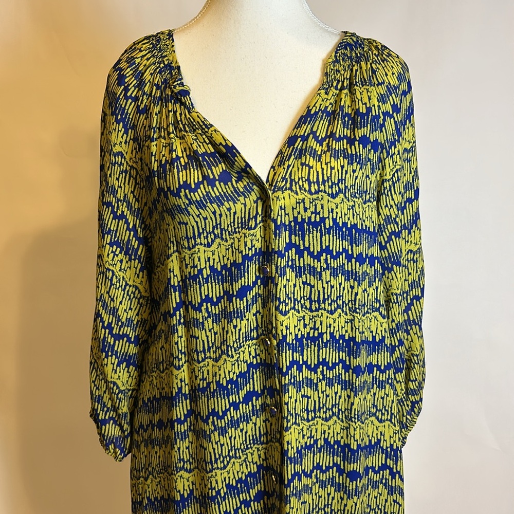 Shoshanna | Silk Chartreuse and Purple 3/4 Sleeve Shift Dress | Size 6 - Picture 4 of 17